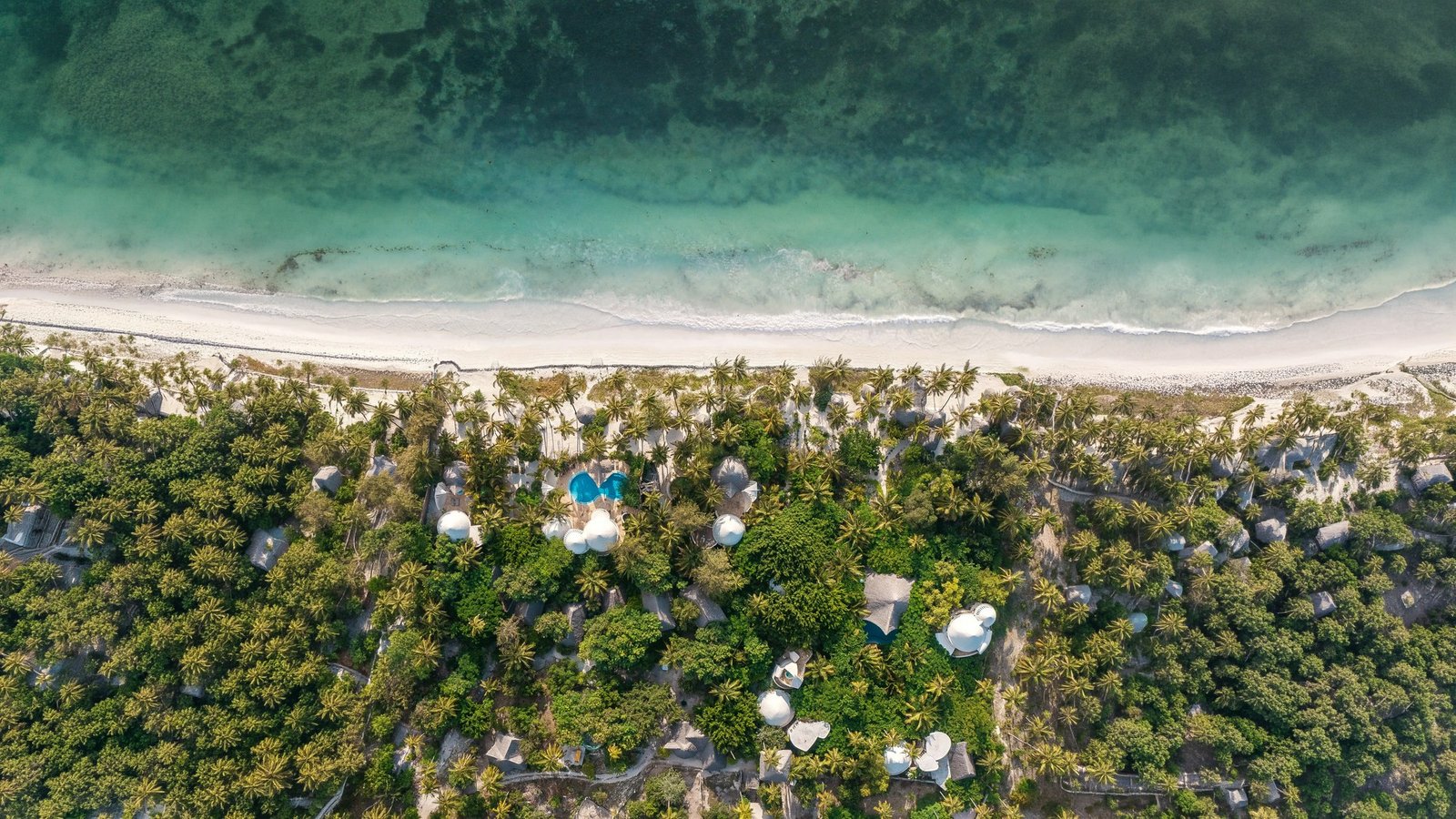 Aerial view of a secluded Zanzibar beach resort among palms